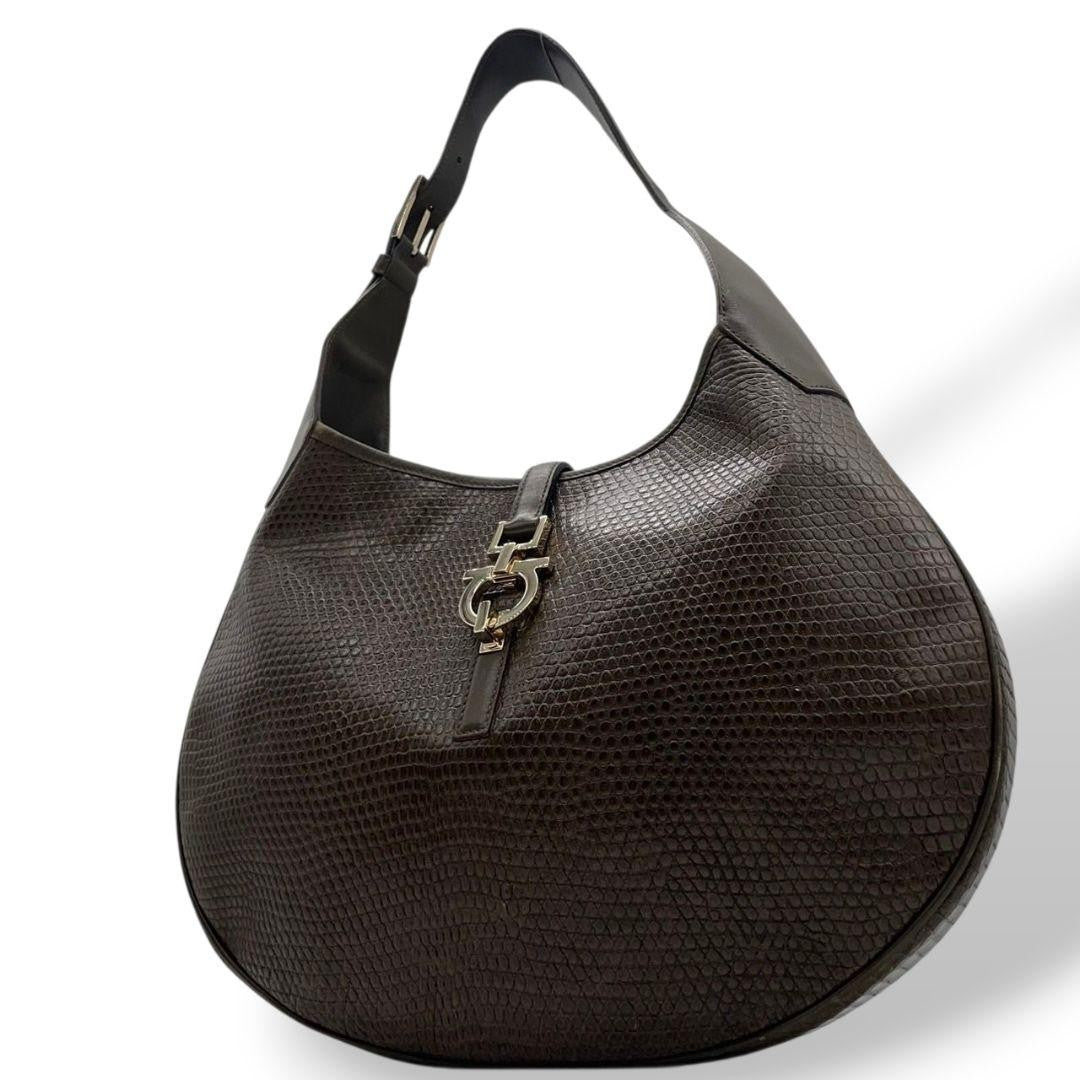 Salvatore Ferragamo Hand Bag Tote Purse Gancini Leather Green Authentic