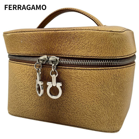 Salvatore Ferragamo Vanity Bag Hand Tote Purse Gancini Brown Authentic