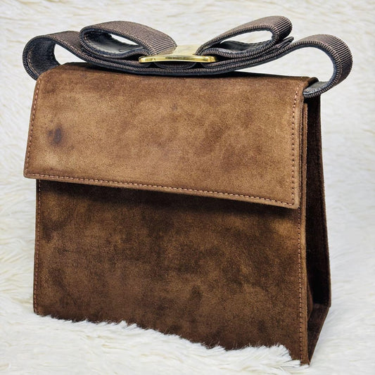 Salvatore Ferragamo Hand Bag Tote Purse Vara Suede Brown Authentic