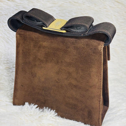 Salvatore Ferragamo Hand Bag Tote Purse Vara Suede Brown Authentic