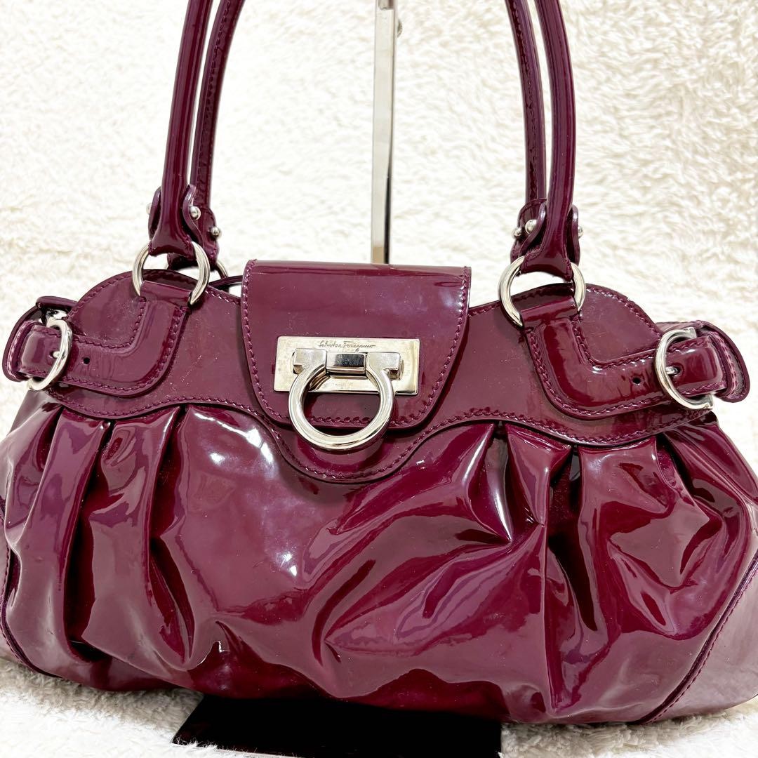 Salvatore Ferragamo Hand Bag Tote Purse Gancini Red Purple Authentic