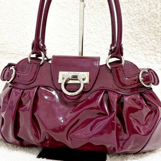 Salvatore Ferragamo Hand Bag Tote Purse Gancini Red Purple Authentic