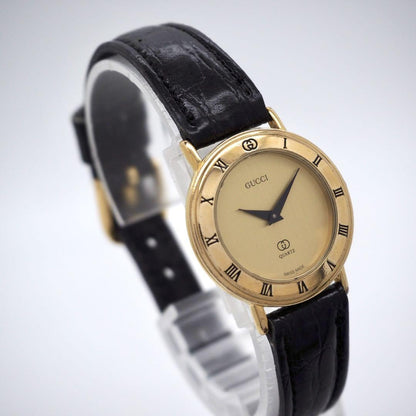 GUCCI 3000L Quartz Watch Wristwatch Gold Black Women's Authentic