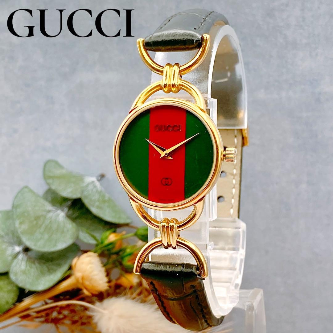 GUCCI 6000.2.L Quartz Watch Wristwatch Sherry Line Gold Red Green Women's Auth