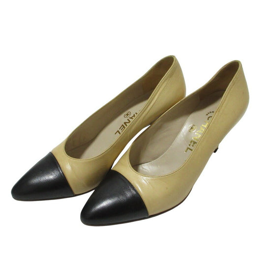 CHANEL Shoes Pumps Heel EU 36.5 US 6.5 Leather Beige Authentic
