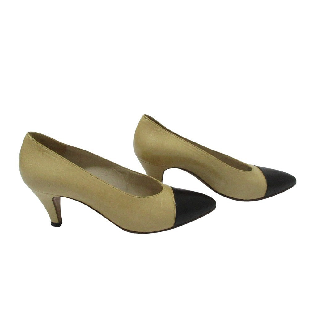 CHANEL Shoes Pumps Heel EU 36.5 US 6.5 Leather Beige Authentic