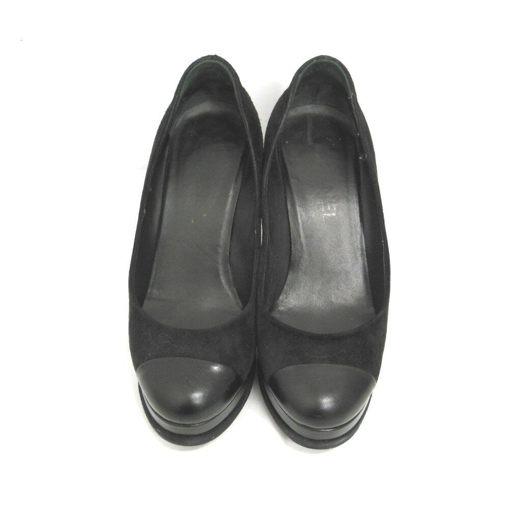 CHANEL Shoes Pumps Heel Cocomark EU 37 US 7 Suede Leather Black Authentic