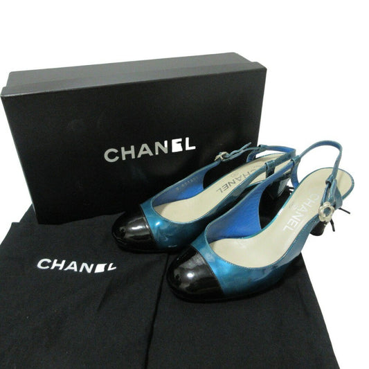 CHANEL Shoes Pumps Heel Cocomark EU 37.5 US 7.5 Blue Black Authentic