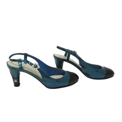 CHANEL Shoes Pumps Heel Cocomark EU 37.5 US 7.5 Blue Black Authentic