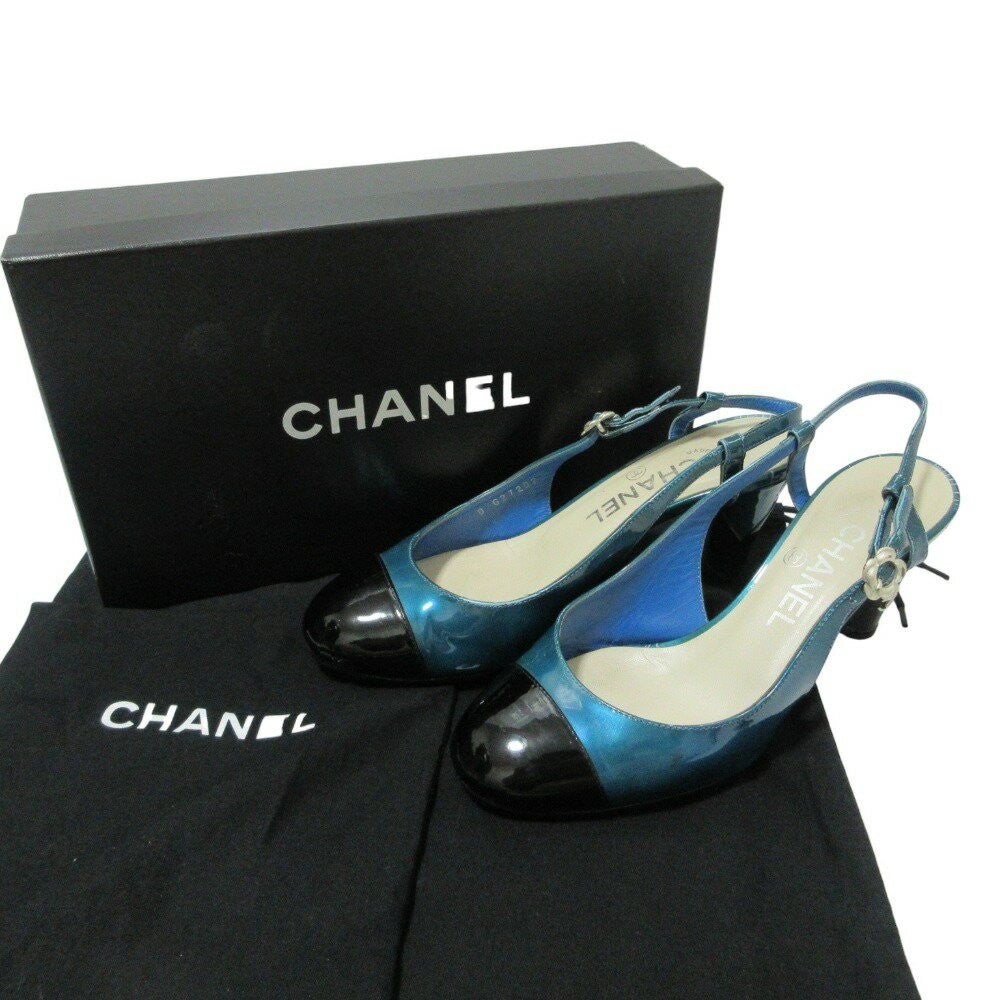 CHANEL Shoes Pumps Heel Cocomark EU 37.5 US 7.5 Blue Black Authentic