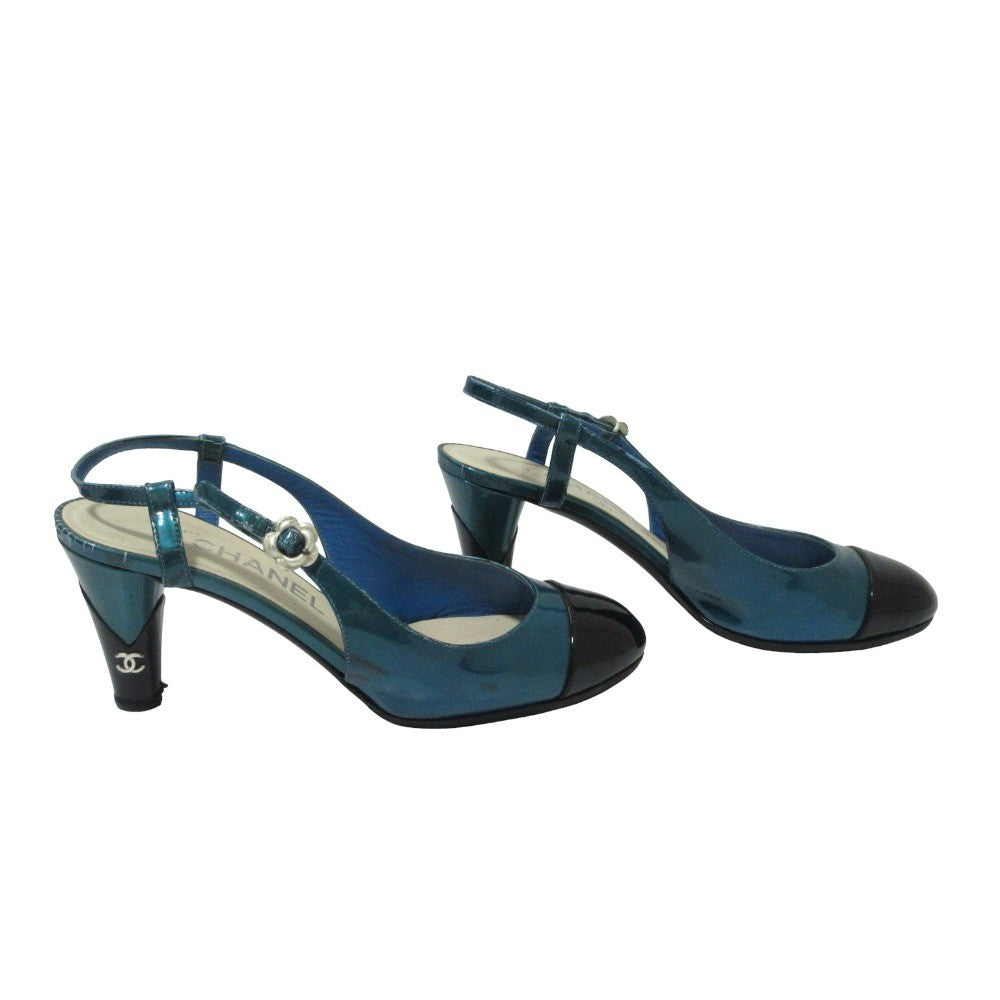 CHANEL Shoes Pumps Heel Cocomark EU 37.5 US 7.5 Blue Black Authentic
