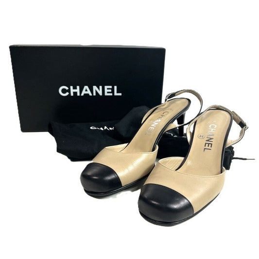 CHANEL Shoes Pumps Heel Cocomark EU 37 US 7 Beige Black Authentic