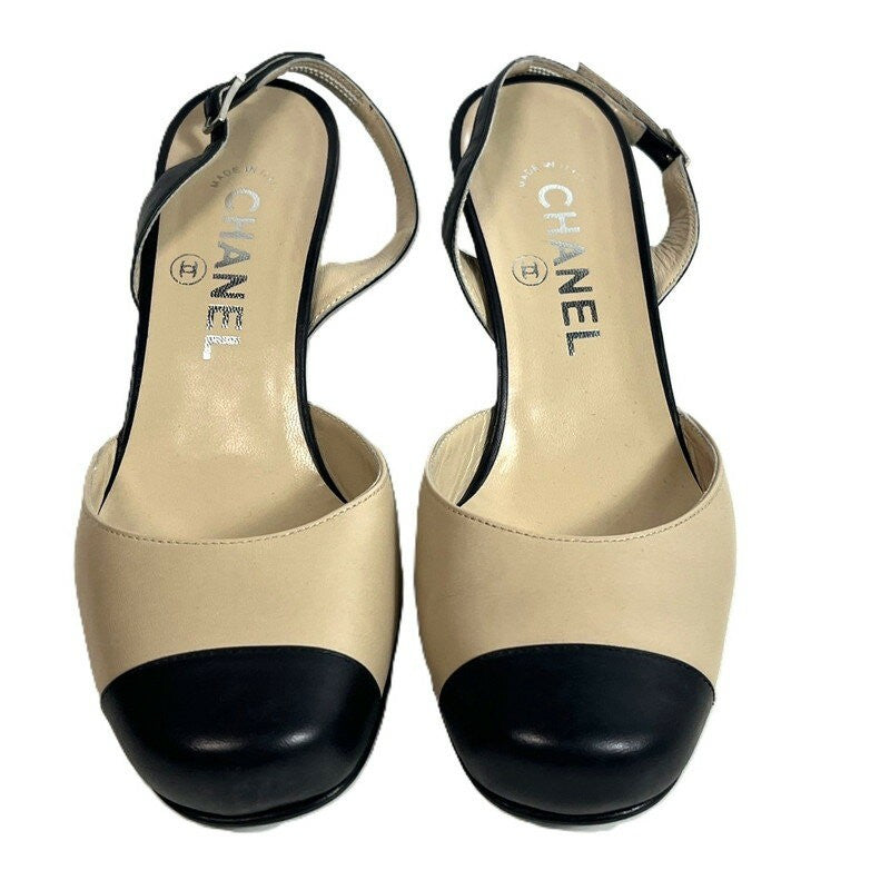 CHANEL Shoes Pumps Heel Cocomark EU 37 US 7 Beige Black Authentic