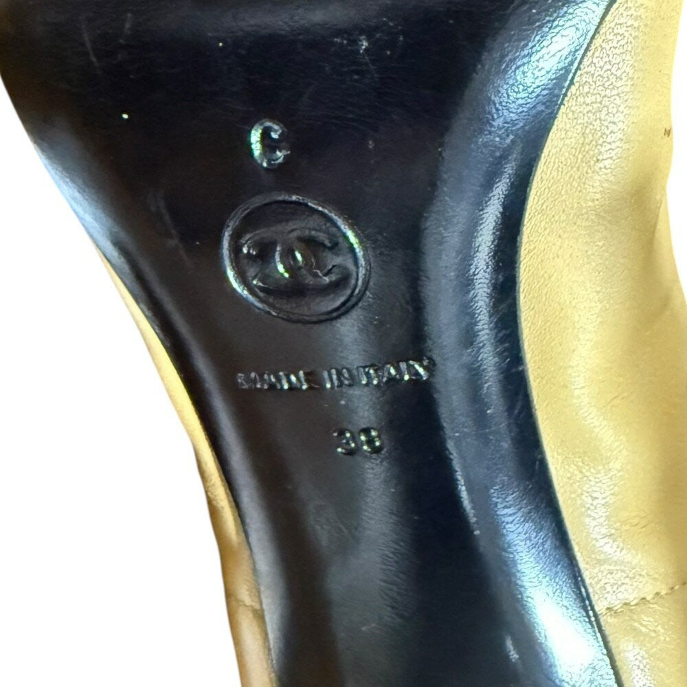 CHANEL Shoes Pumps Heel Cocomark EU 38 US 8 Leather Beige Black Authentic