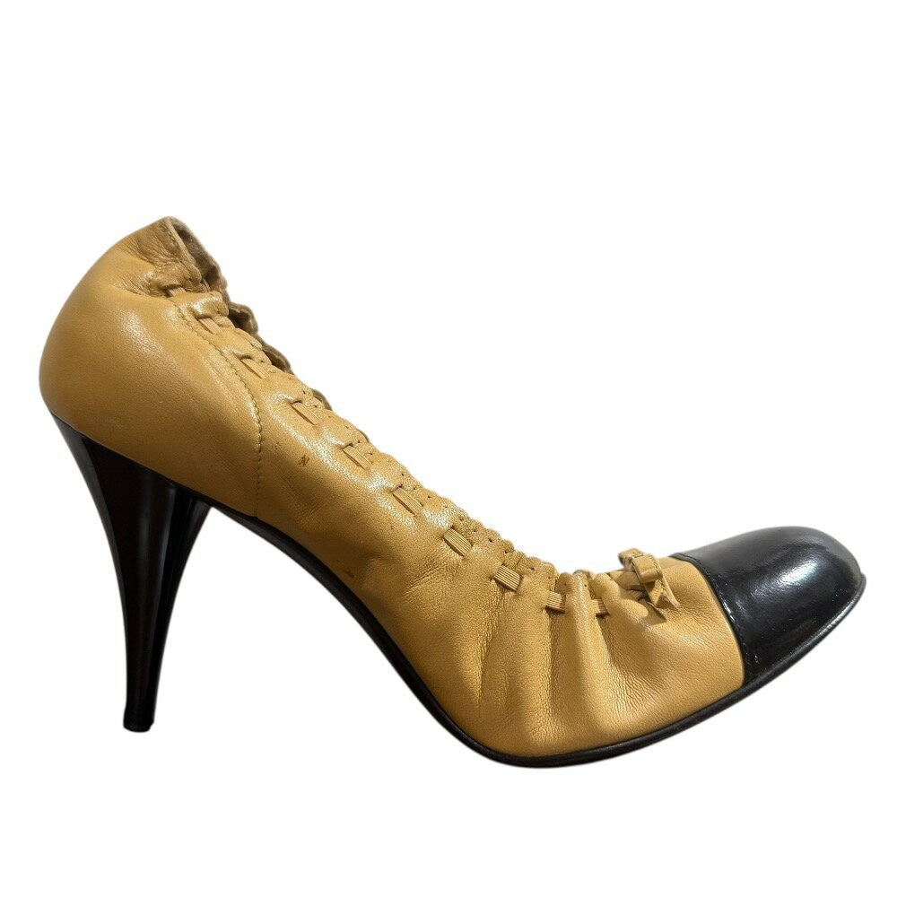 CHANEL Shoes Pumps Heel Cocomark EU 38 US 8 Leather Beige Black Authentic