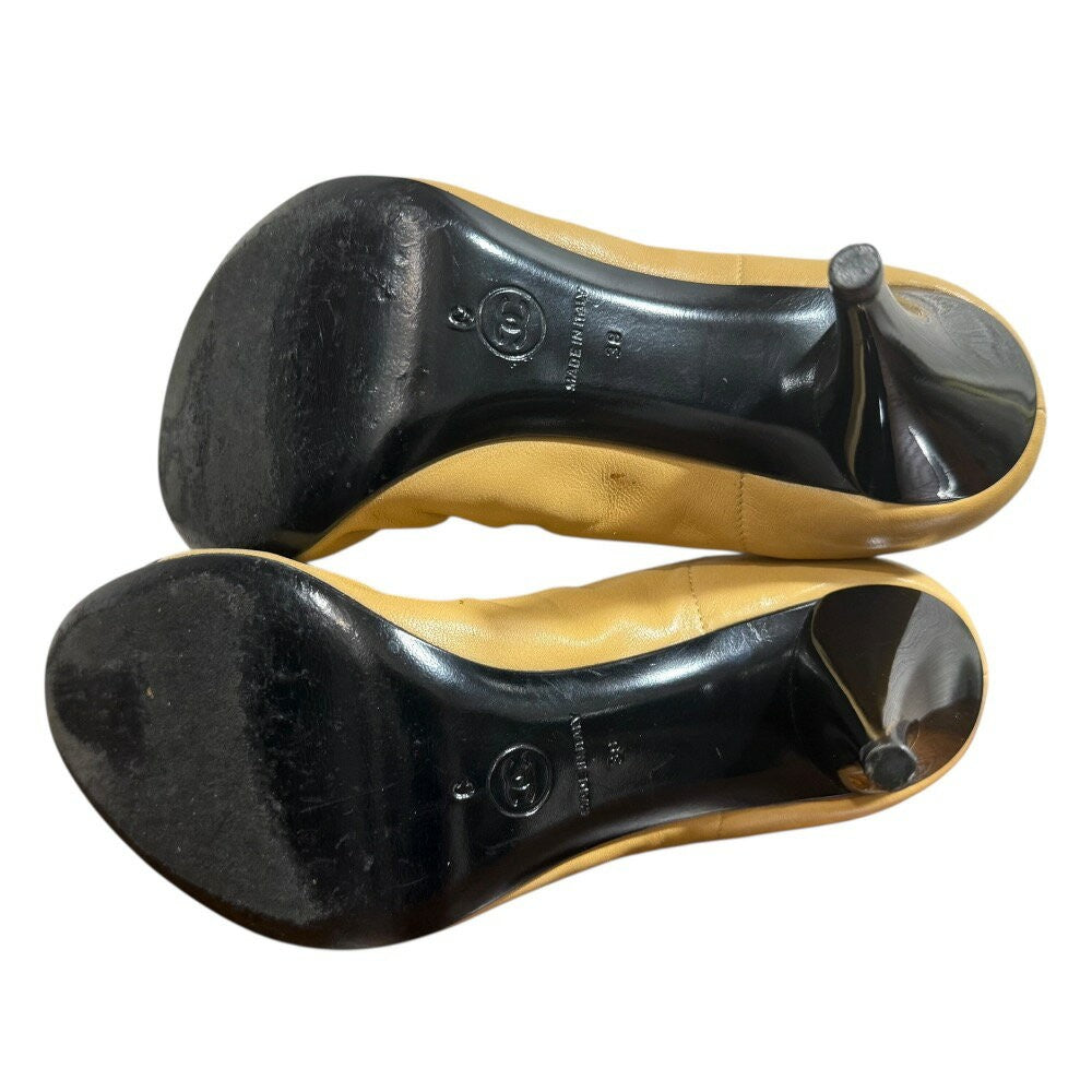 CHANEL Shoes Pumps Heel Cocomark EU 38 US 8 Leather Beige Black Authentic