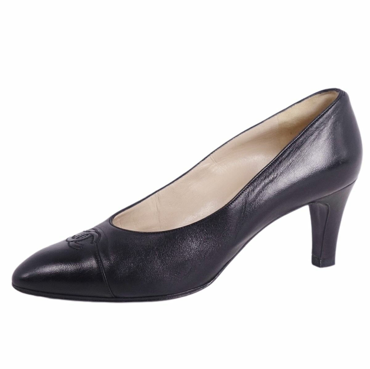CHANEL Shoes Pumps Heel Cocomark EU 36 US 6 Leather Black Authentic