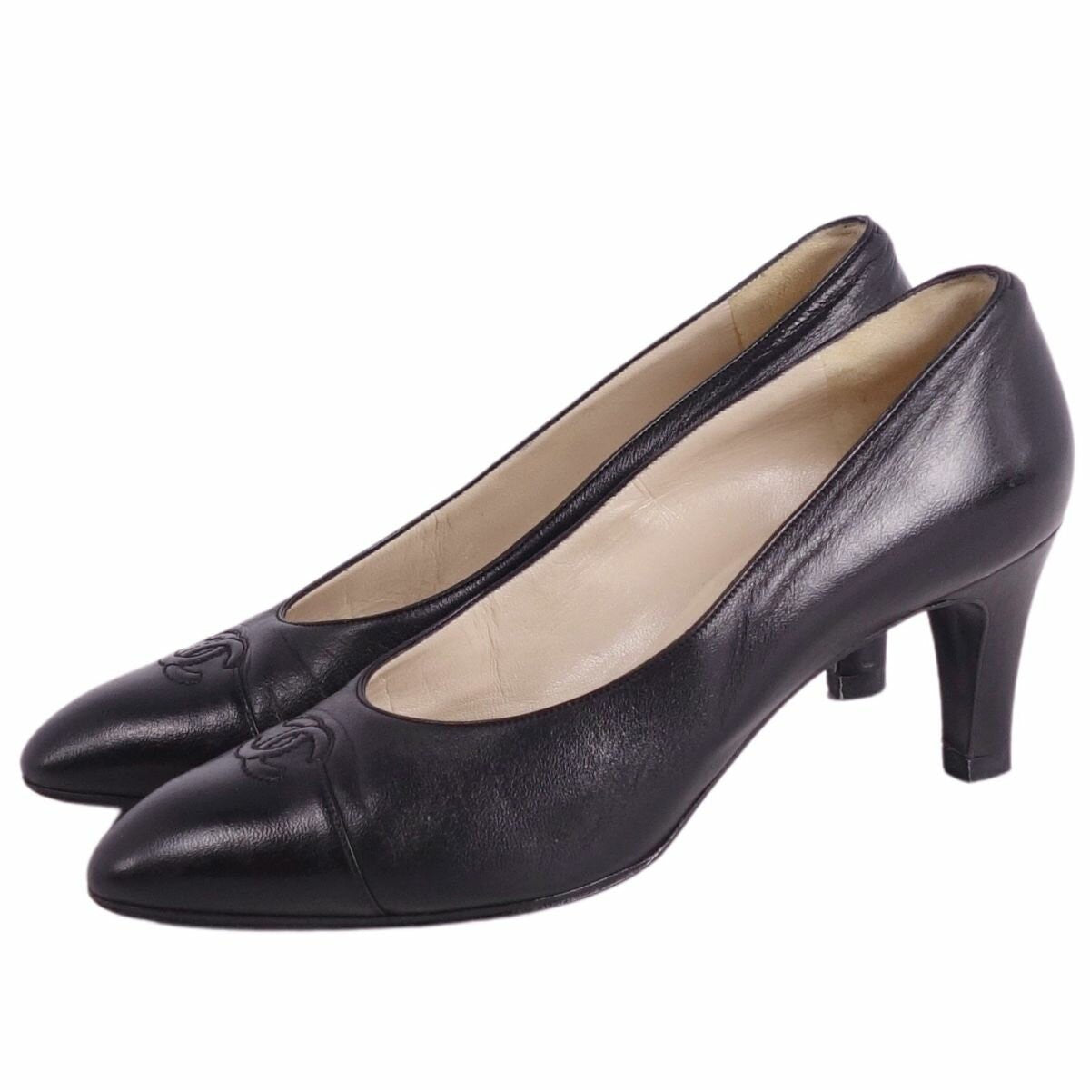 CHANEL Shoes Pumps Heel Cocomark EU 36 US 6 Leather Black Authentic
