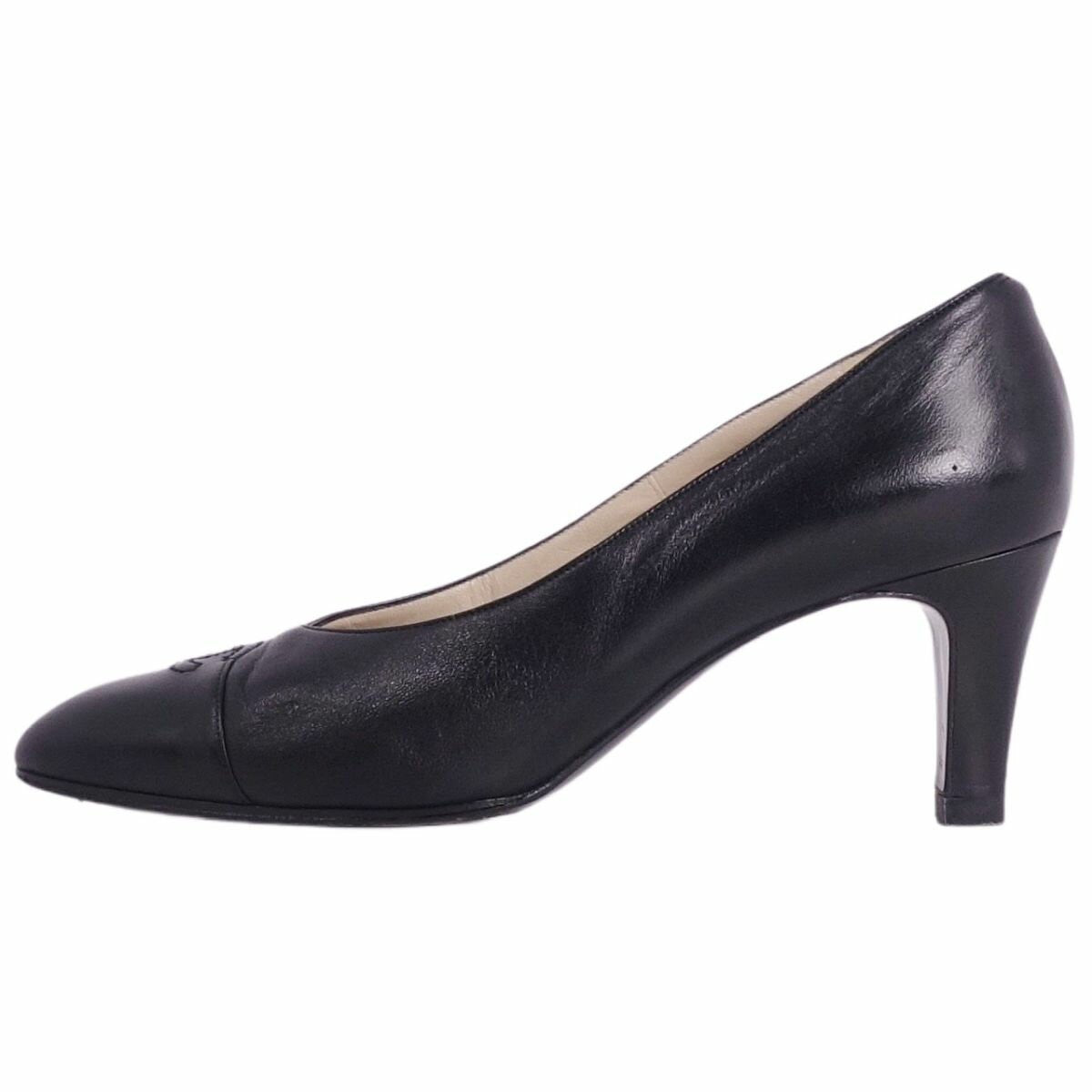 CHANEL Shoes Pumps Heel Cocomark EU 36 US 6 Leather Black Authentic