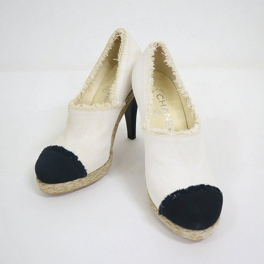 CHANEL Shoes Pumps Heel Cocomark EU 37.5 US 7.5 Canvas Beige Black Authentic