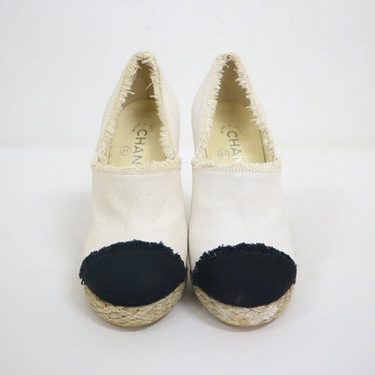 CHANEL Shoes Pumps Heel Cocomark EU 37.5 US 7.5 Canvas Beige Black Authentic