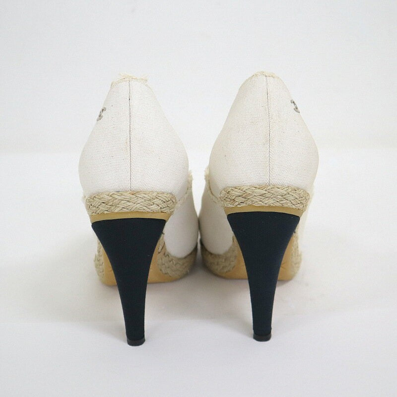 CHANEL Shoes Pumps Heel Cocomark EU 37.5 US 7.5 Canvas Beige Black Authentic