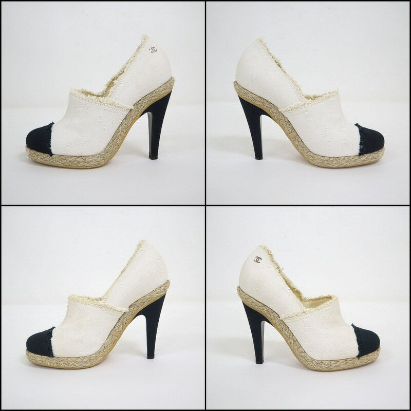 CHANEL Shoes Pumps Heel Cocomark EU 37.5 US 7.5 Canvas Beige Black Authentic
