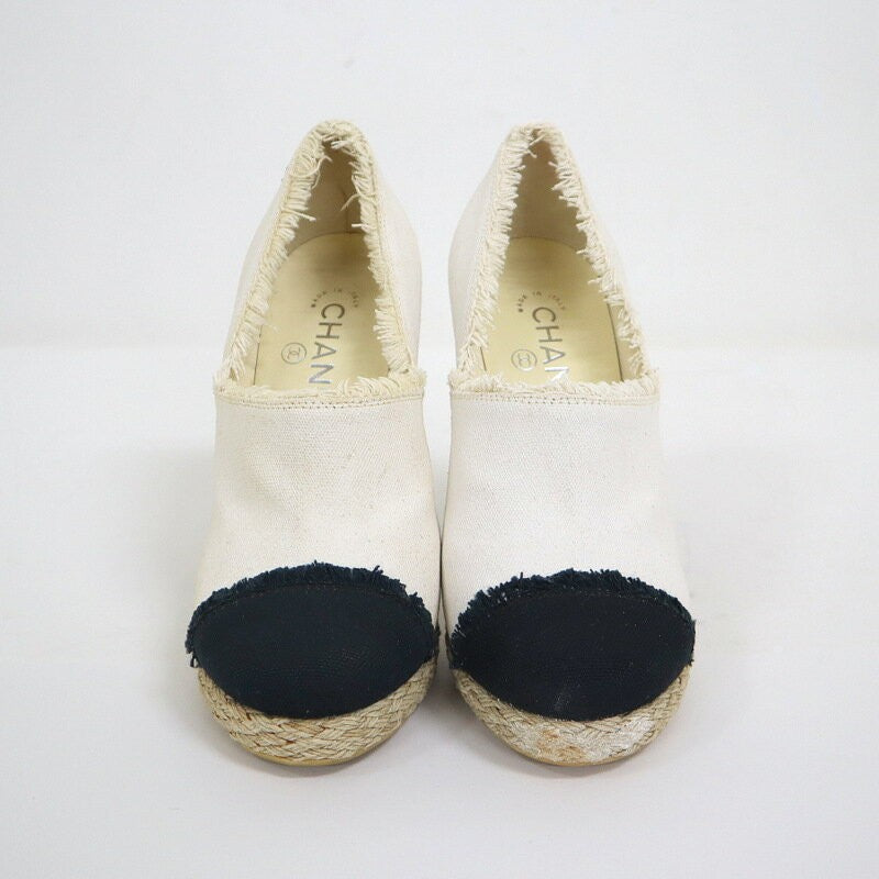 CHANEL Shoes Pumps Heel Cocomark EU 37.5 US 7.5 Canvas Beige Black Authentic