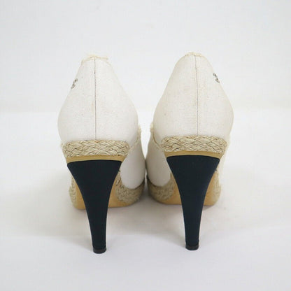 CHANEL Shoes Pumps Heel Cocomark EU 37.5 US 7.5 Canvas Beige Black Authentic