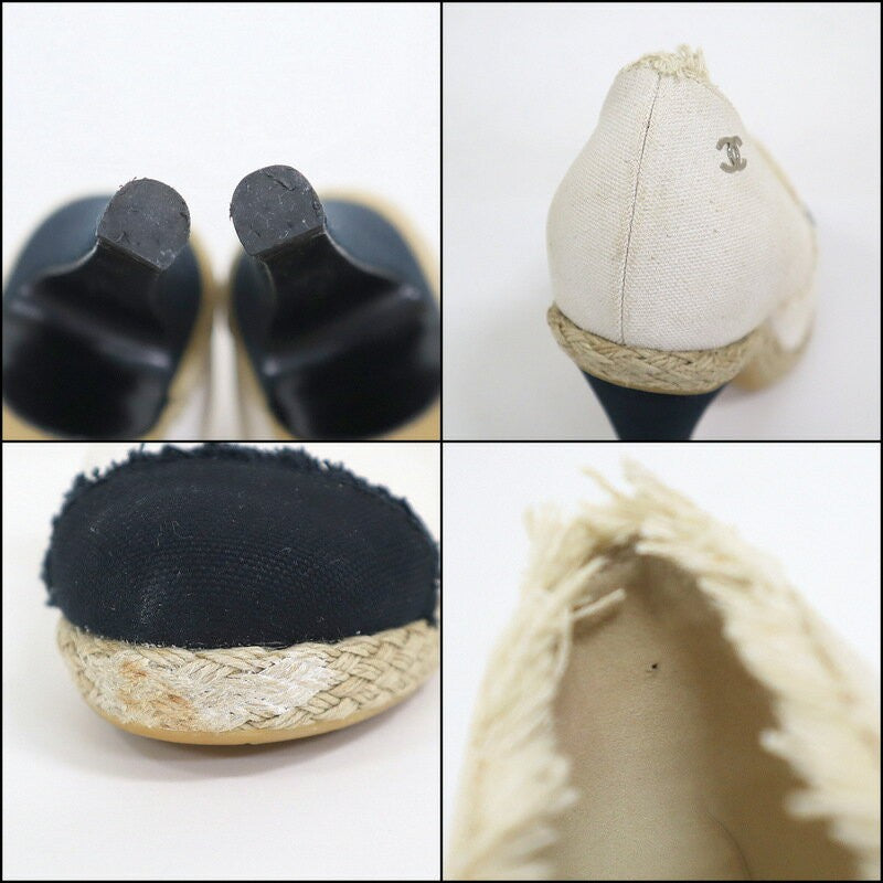 CHANEL Shoes Pumps Heel Cocomark EU 37.5 US 7.5 Canvas Beige Black Authentic