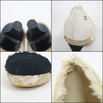 CHANEL Shoes Pumps Heel Cocomark EU 37.5 US 7.5 Canvas Beige Black Authentic