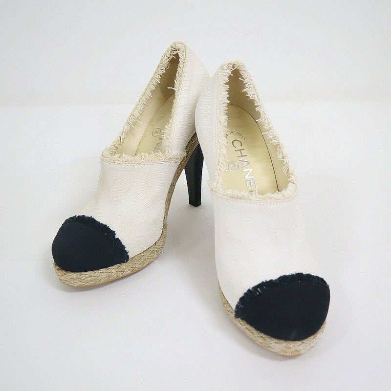 CHANEL Shoes Pumps Heel Cocomark EU 37.5 US 7.5 Canvas Beige Black Authentic