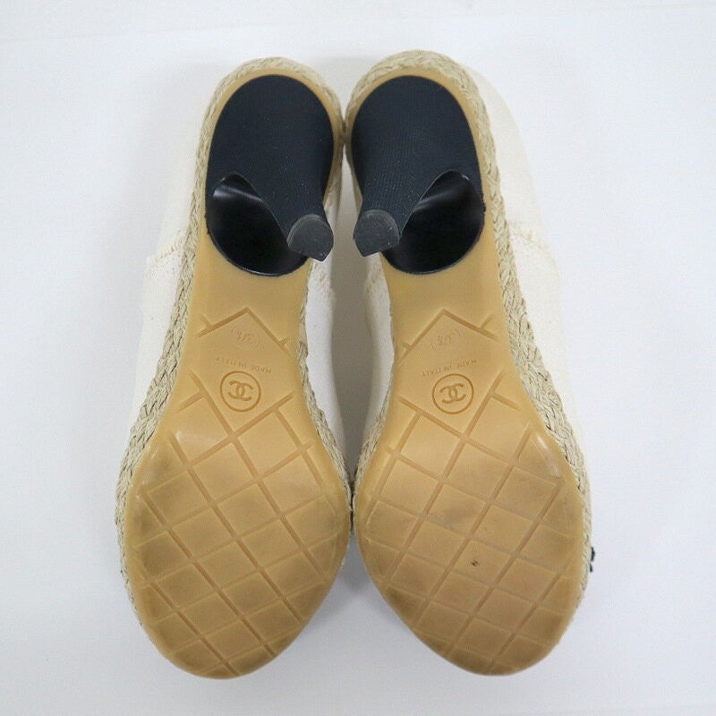 CHANEL Shoes Pumps Heel Cocomark EU 37.5 US 7.5 Canvas Beige Black Authentic