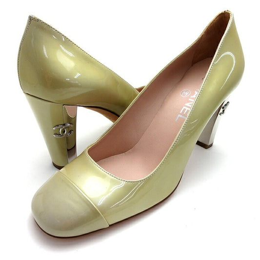 CHANEL Shoes Pumps Heel Cocomark EU 37 US 7 Patent Leather Pistachio Green Auth