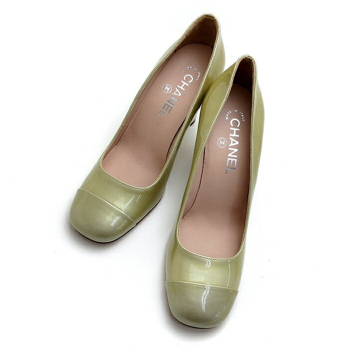 CHANEL Shoes Pumps Heel Cocomark EU 37 US 7 Patent Leather Pistachio Green Auth