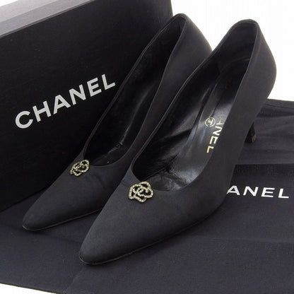 CHANEL Shoes Pumps Heel EU 38 US 8 Satin Black Authentic