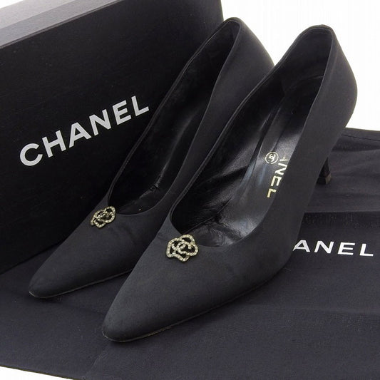 CHANEL Shoes Pumps Heel EU 38 US 8 Satin Black Authentic