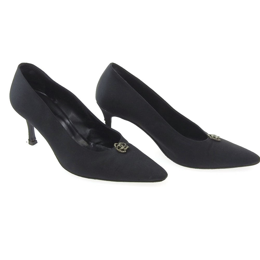 CHANEL Shoes Pumps Heel EU 38 US 8 Satin Black Authentic