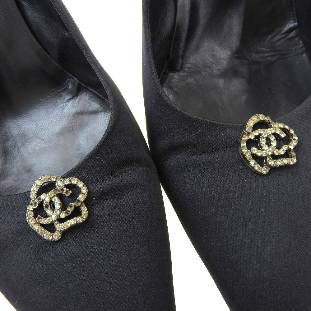 CHANEL Shoes Pumps Heel EU 38 US 8 Satin Black Authentic