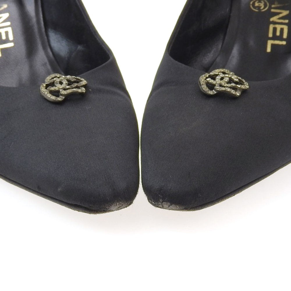 CHANEL Shoes Pumps Heel EU 38 US 8 Satin Black Authentic