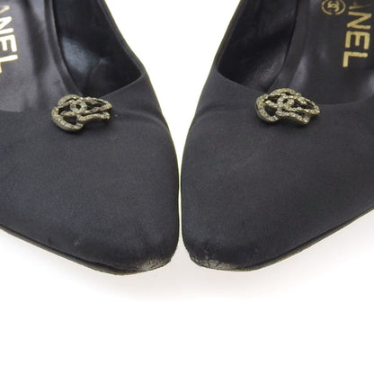 CHANEL Shoes Pumps Heel EU 38 US 8 Satin Black Authentic