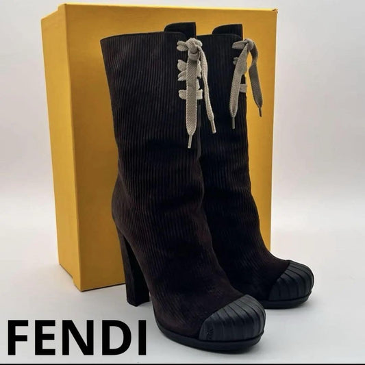 FENDI Boots Shoes EU 37.5 US 7.5 Corduroy Brown Authentic