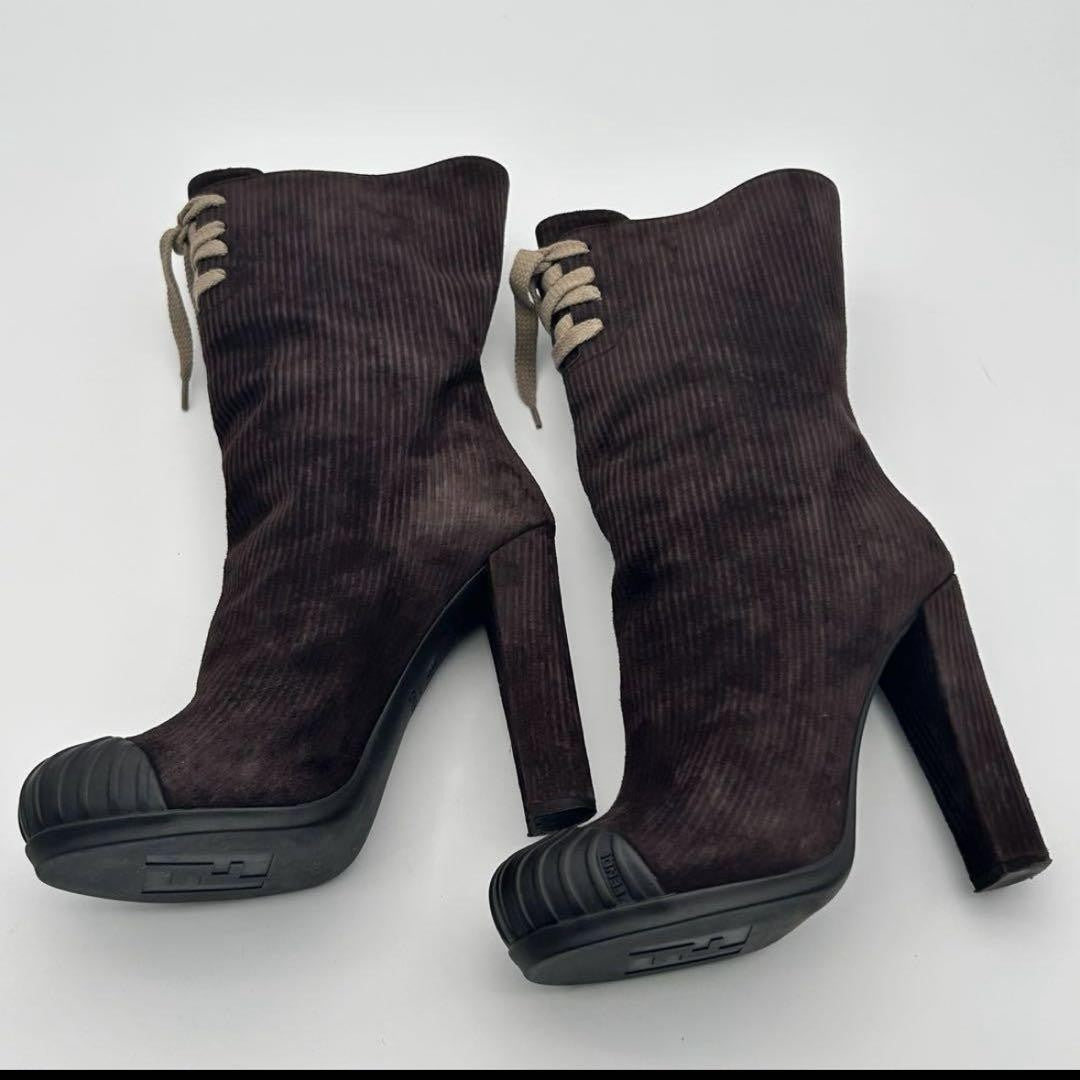 FENDI Boots Shoes EU 37.5 US 7.5 Corduroy Brown Authentic