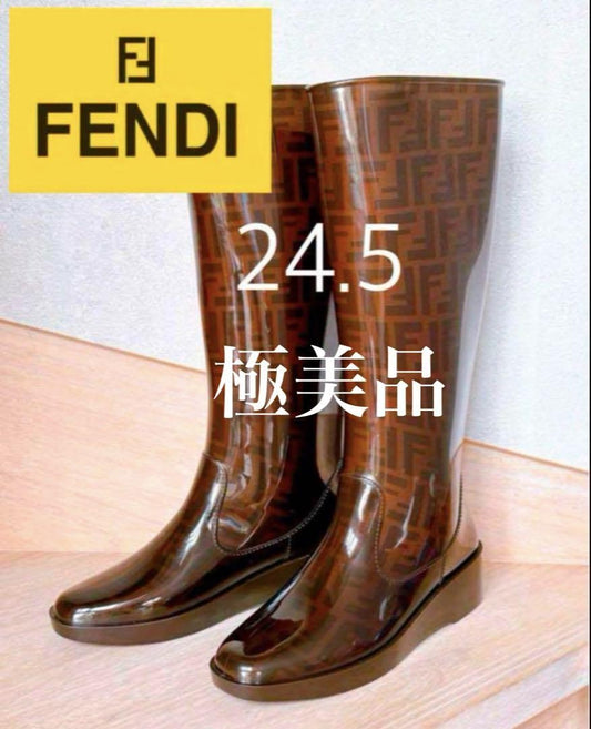 FENDI Long Rain Boots Shoes FF Zucca EU 39 US 9 Brown Authentic