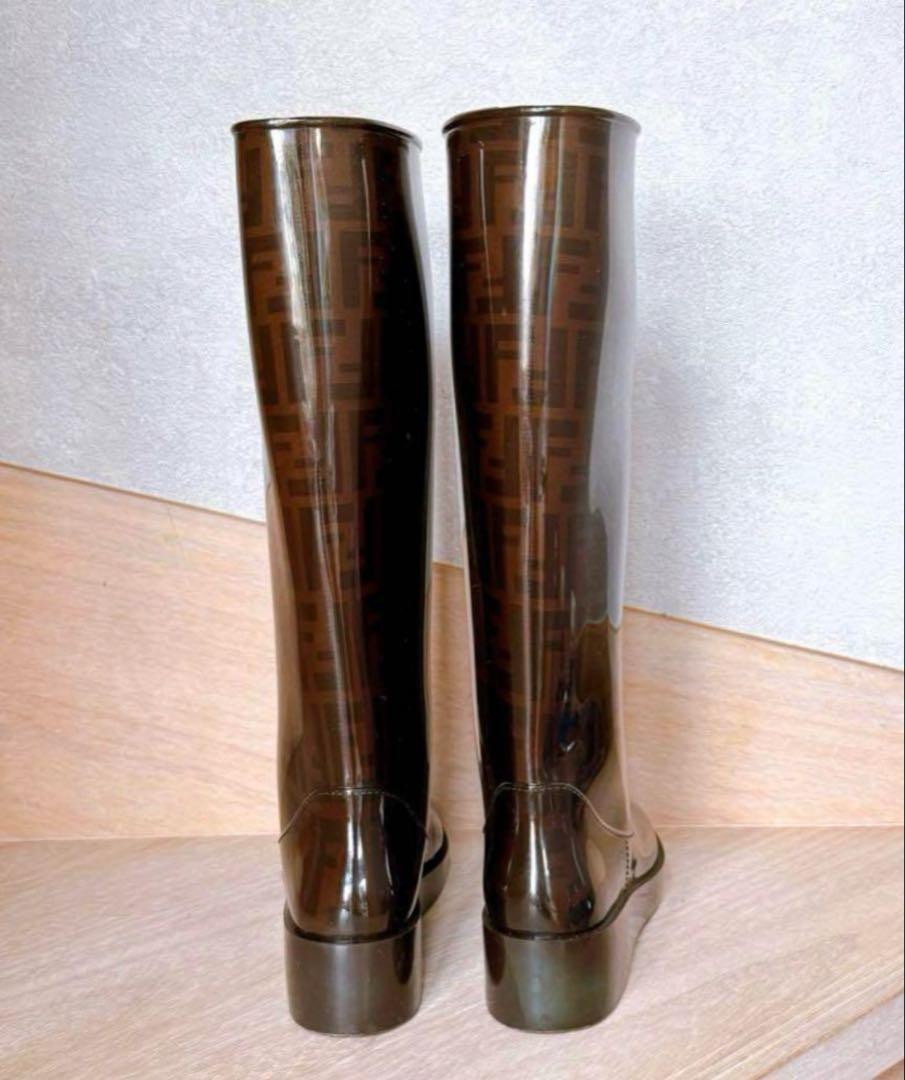 FENDI Long Rain Boots Shoes FF Zucca EU 39 US 9 Brown Authentic