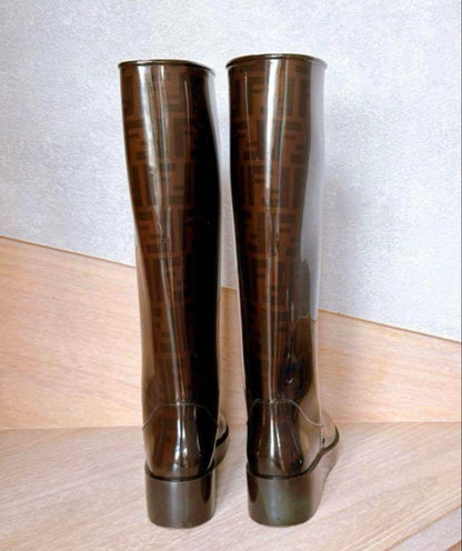 FENDI Long Rain Boots Shoes FF Zucca EU 39 US 9 Brown Authentic