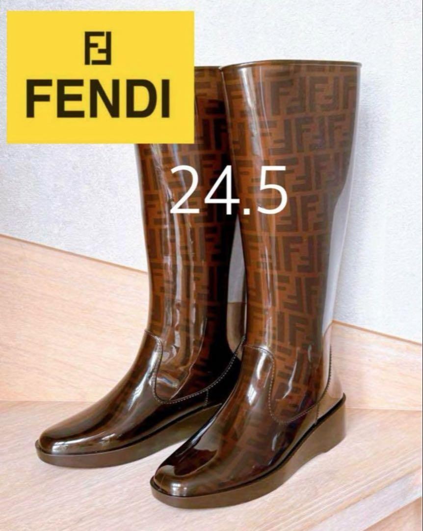 FENDI Long Rain Boots Shoes FF Zucca EU 39 US 9 Brown Authentic