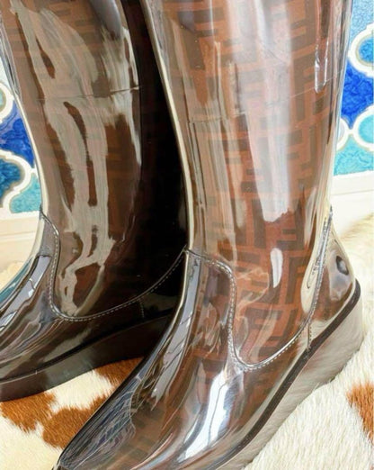 FENDI Long Rain Boots Shoes FF Zucca EU 39 US 9 Brown Authentic