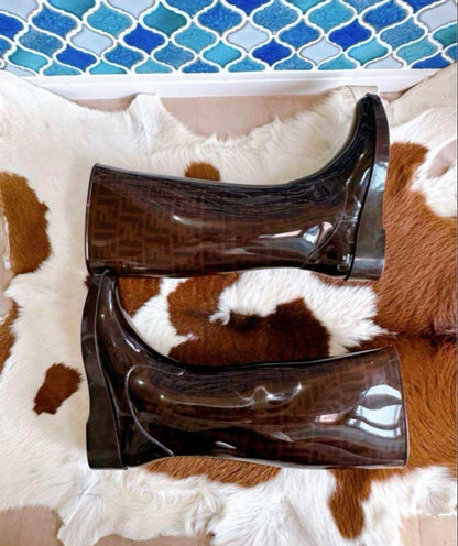 FENDI Long Rain Boots Shoes FF Zucca EU 39 US 9 Brown Authentic