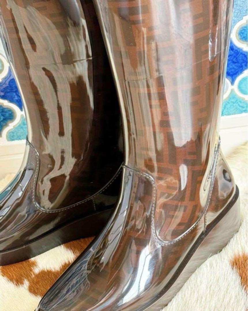 FENDI Long Rain Boots Shoes FF Zucca EU 39 US 9 Brown Authentic